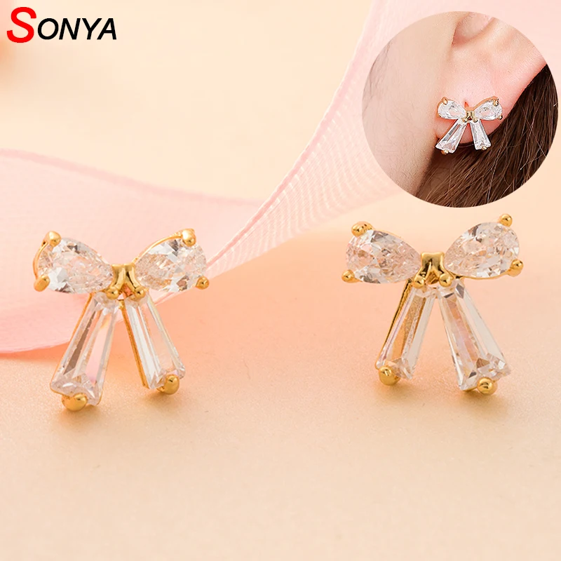Корейские милые модные золотые/серебряные серьги гвоздики SONYA с бантом из