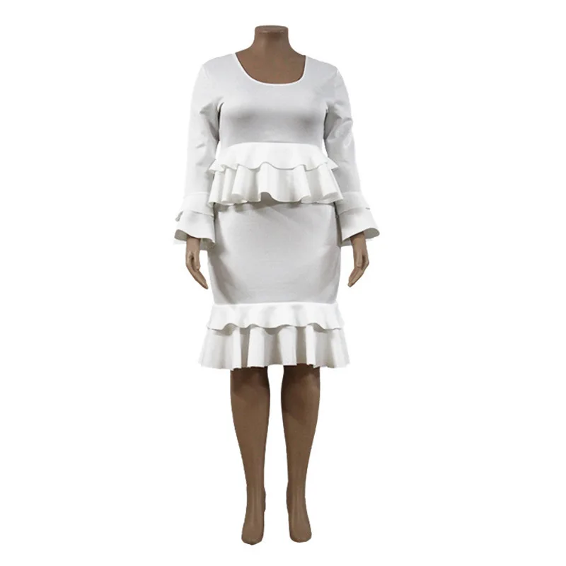 Белые элегантные женские африканские платья 2020 с круглым вырезом и оборками