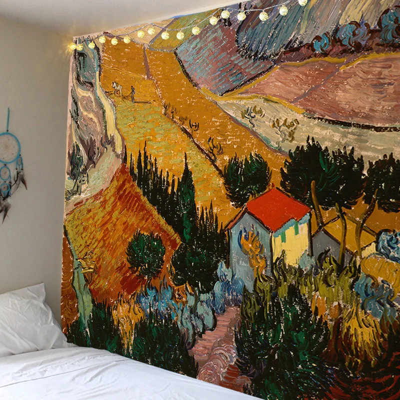 

Painting Wall Tapestry Abstract Pattern Rural Field Landscape House Tree Art Tapestry Boho Wall Hanging Bedroom Mural Home Decor