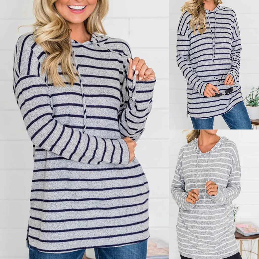 

Fashion Women Casual Simple Stripe Sweatshirt Long Sleeve Comfortable Soft Chic Hoodie Pullover Tops Blouse