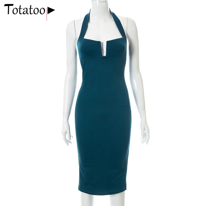 

Totatoop Office Lady Elegant Halter Bodycon Pencil Dress Women 2021 Backless Sleeveless Front Split Club Party White Midi Dress