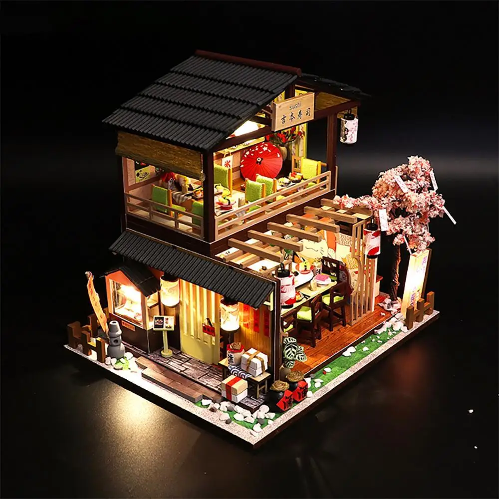 

DIY Miniature Dollhouse Kit Vintage 3D Model Building Japanese Sushi Restaurant Birthday Gift Wooden Large Doll House Furniture