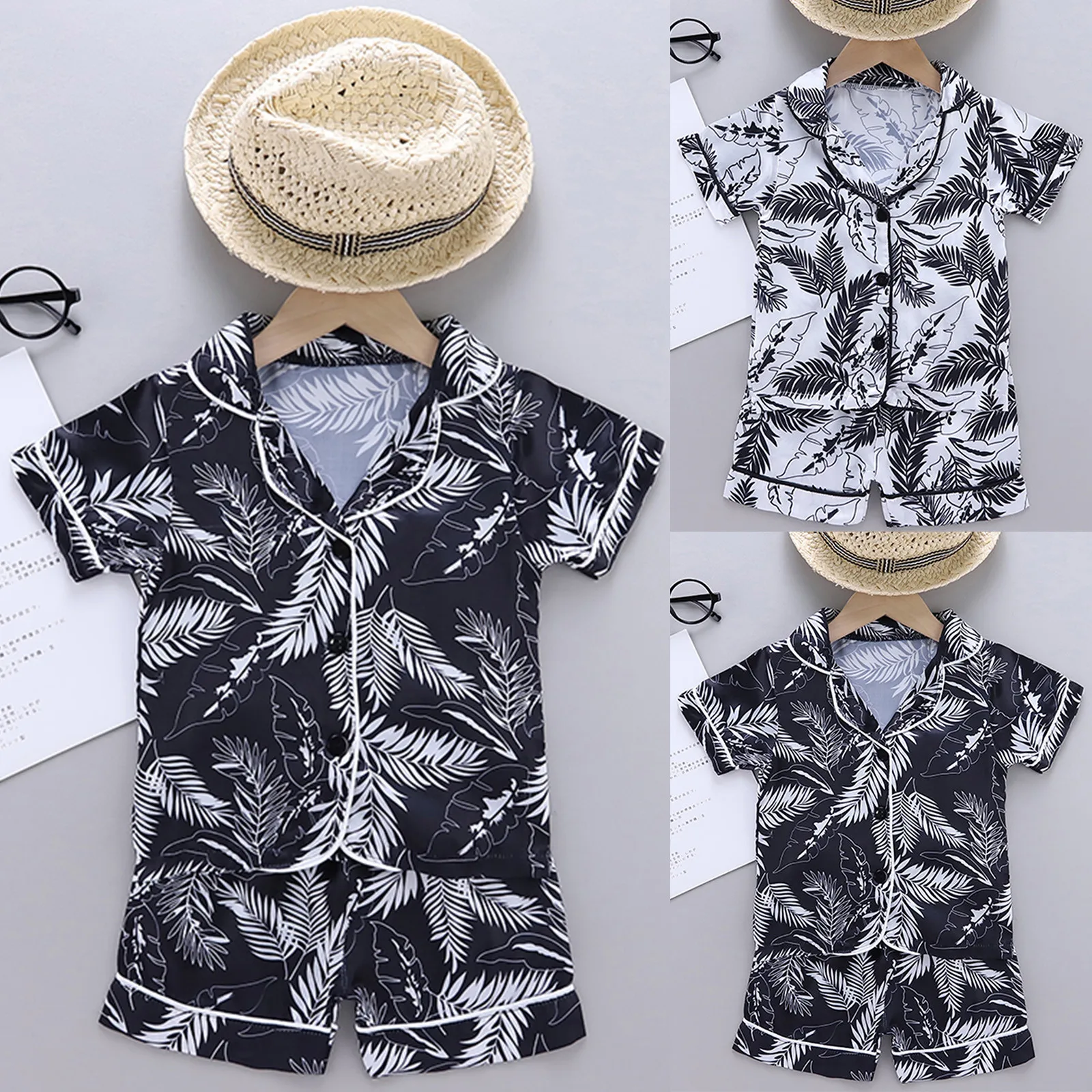 

Toddler Pajamas Summer New Baby Boy Girl Leaf Print Sleepwear Kids 2pcs Sets Cute Short Sleeve Tops+short Pants Child A50