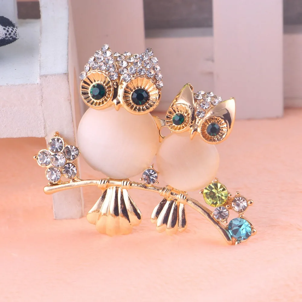 AMOURJOUX симпатичная двойная стоячая сова броши на булавке для женщин с прозрачными