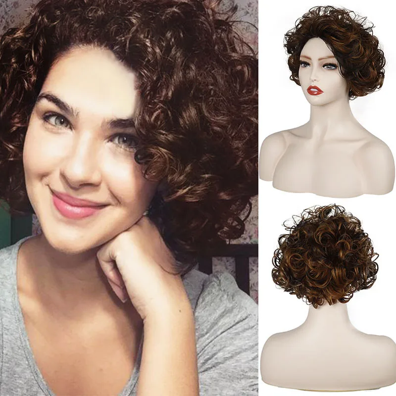 

Synthetic Wigs Short Curly Wigs For Women Heat resistant With Natural Part Side Brown Black,Daily use,Cosplay,work wigs