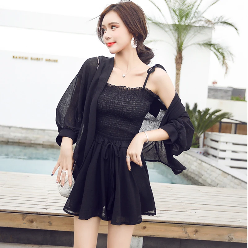

Three-piece set Chiffon Tops Women Short suspenders summer Sunscreen Long-sleeved shirts Thin Chic Fresh Set 2021 Female Black