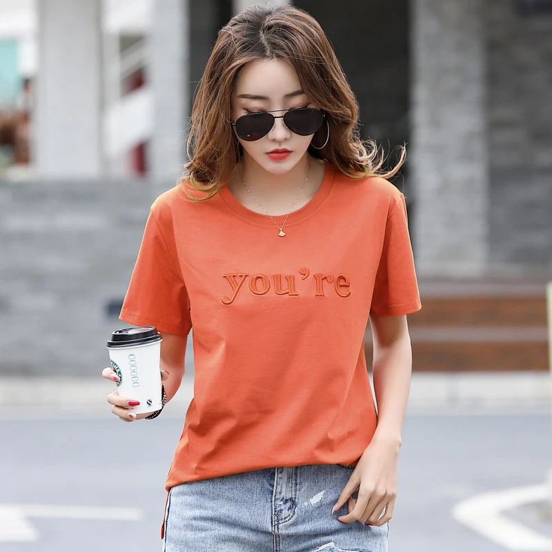 

Fashion Letter Embroidery Women T Shirt Short Sleeve Summer Cotton Tee Shirt Femme Casual Tshirt Korean Clothes Poleras Mujer