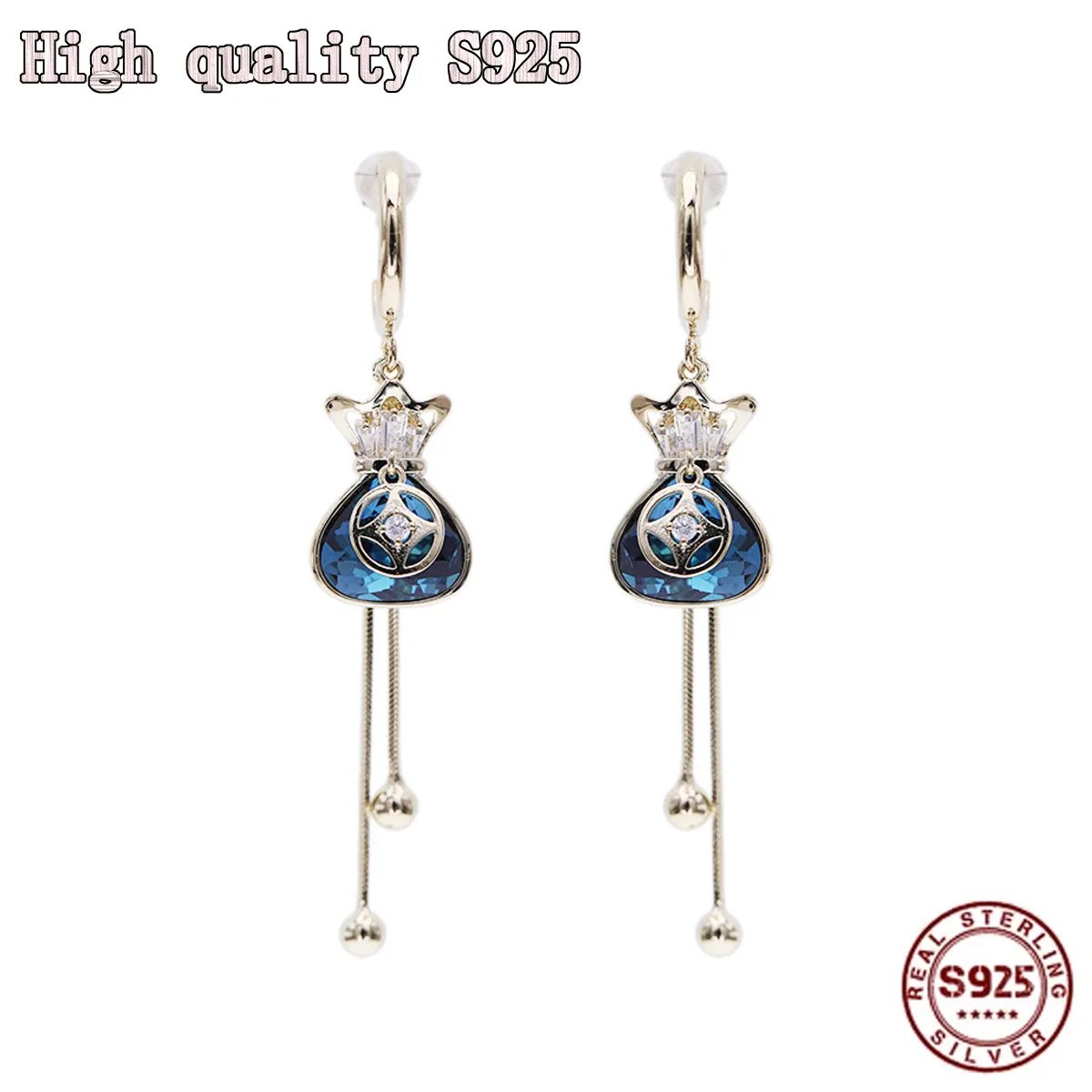 

Fashion Jewelry Red Crystal Blessing Bag Tassel Long Temperament S925 Silver Needle Lady Earrings High Quality Wholesale