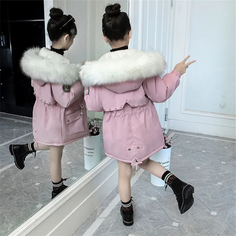 

Polyester Winter Girls Coat New 2021 Keep Warm Plus Velvet Thickening Fashion Removable Fur Collar Jacket Children's Outerwear