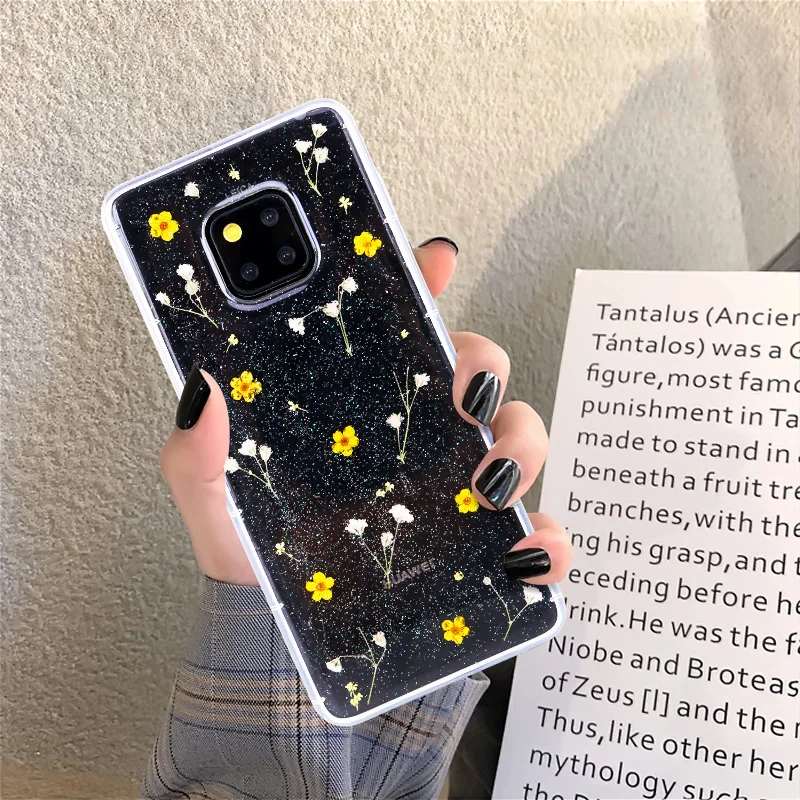 Phone Case For Huawei Mate 20 Pro Glitter Transparent Silicone 3D Real Dried Flowers Daisy Space Planet Star Cover 20X |