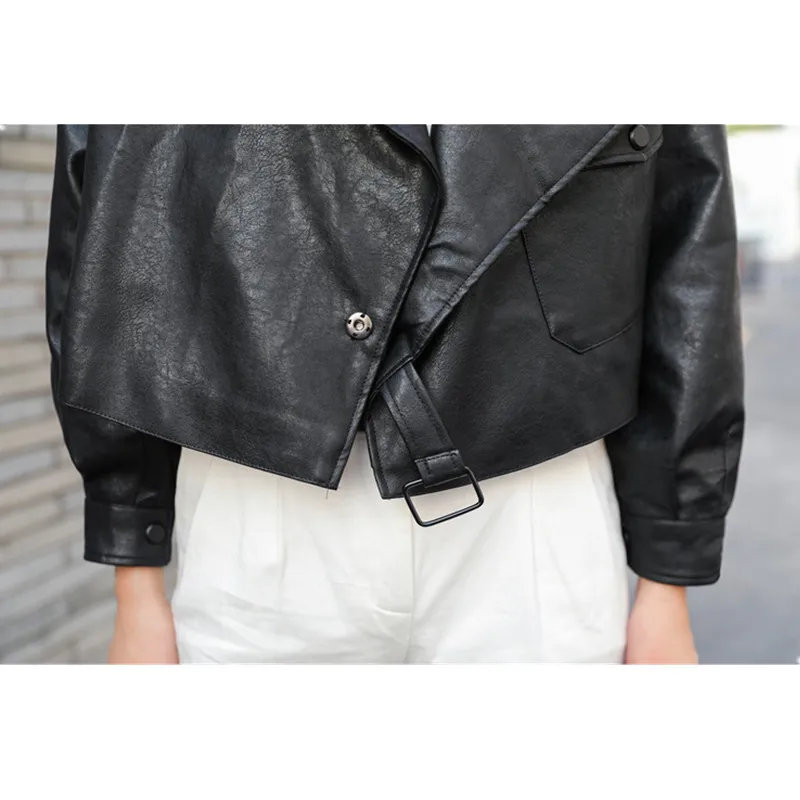 Womens Autumn Winter Leather Jacket Short Loose Tooling Bat Sleeve Motorcycle Korean Style Coat High Street Hipster Party Top enlarge