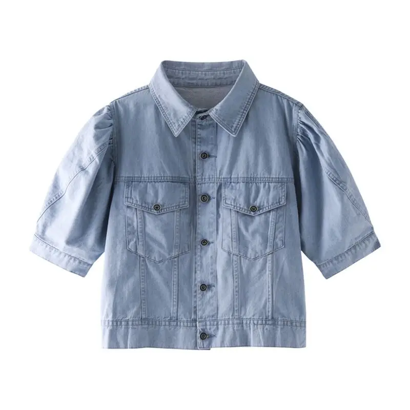 

Denim Short-Sleeve Shirt Jacket Women Korean Loose Lapel Ruff Sleeve Short Blouse Summer Office Lady Solid Jean Tops Light Blue