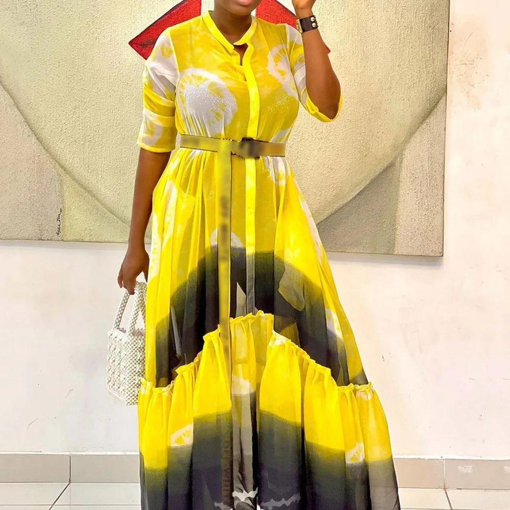 

Yellow Dress Plus Size Long A Line Half Sleeve African Women Summer Chiffon Vestidos Office Lady Casual Work Wear Maxi Dresses