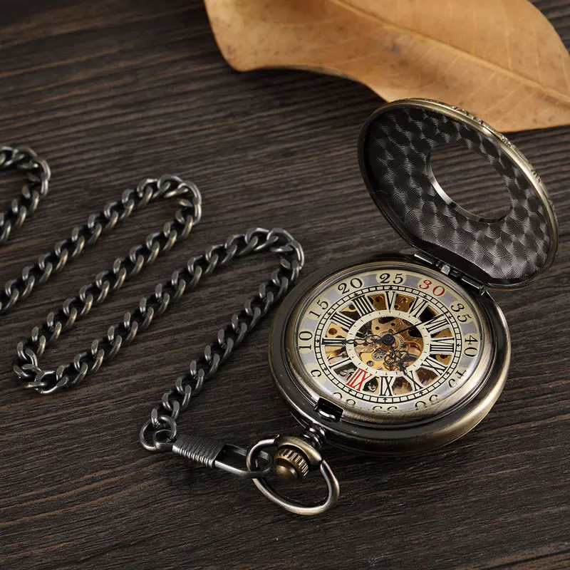 Simple Double Sided Cover Mechanical Pocket Watch Men Hollow Steampunk Skeleton Hand Wind Vintage Pocket Watch Male Clock Waist