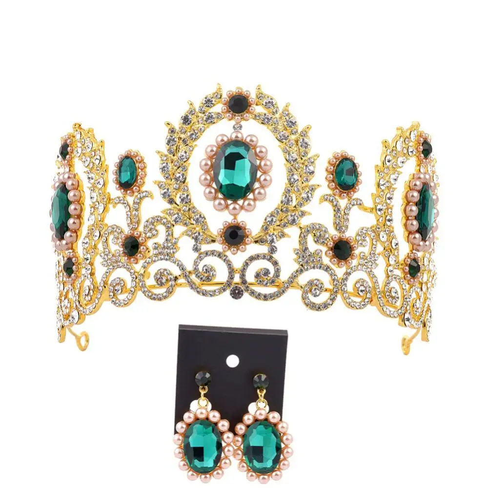 

Hot Sales!! Baroque Women Rhinestone Faux Pearl Crown Tiara Earrings Wedding Jewelry Set