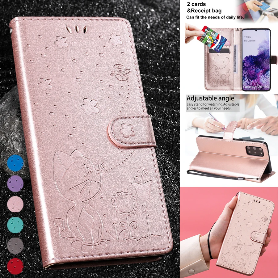 

Wallet Leather Fashion Cat and Bee Case For Samsung S21 S21Plus S21Ultra S21FE S20 Plus/Ultra/FE S10/S9/S8 Plus S7 Note 20 Ultra