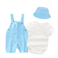 newborn baby boys clothes suit with sunhat white romper blue overalls cotton printed little new born clothing