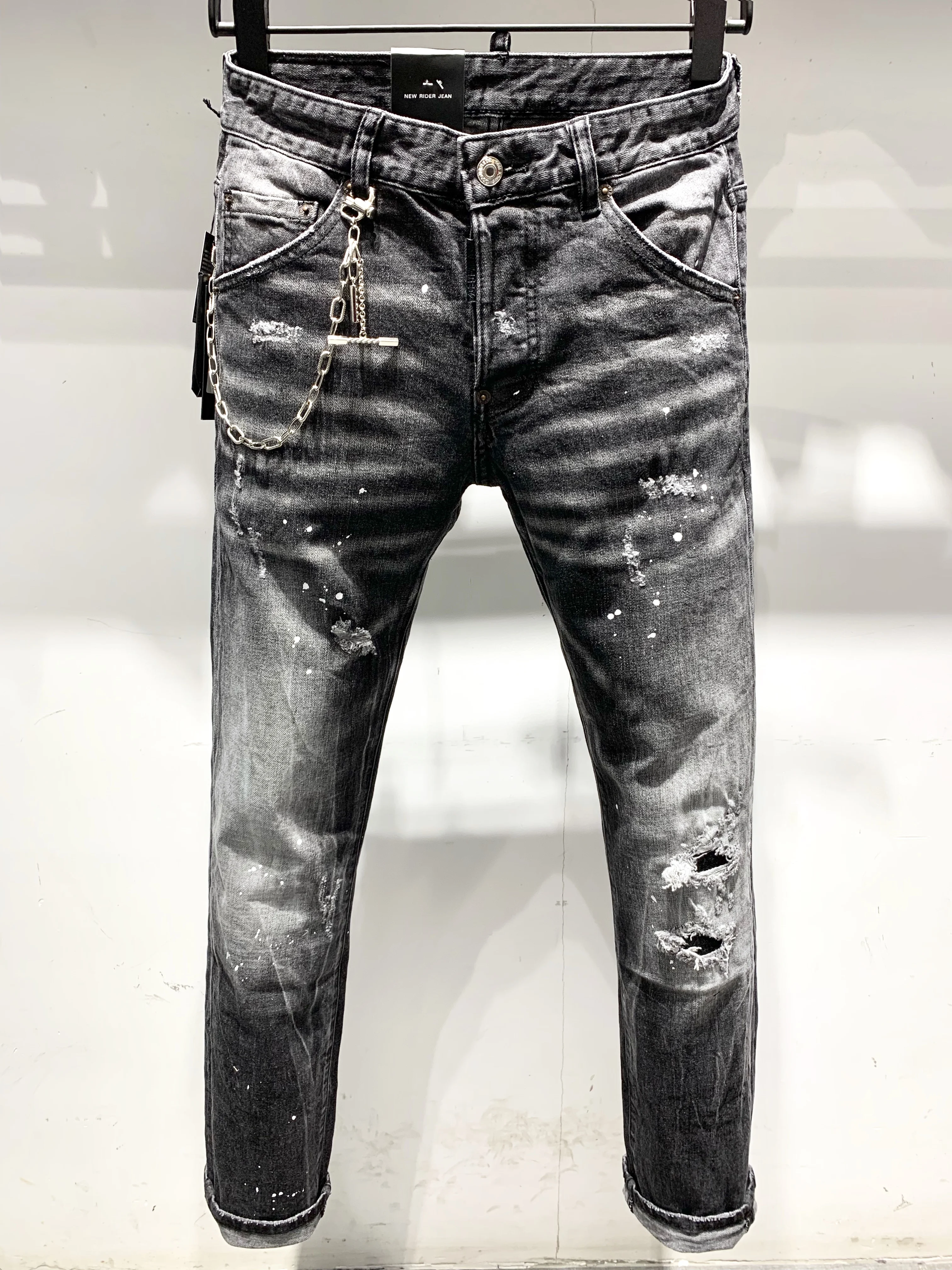 

Джинсы с вышивкой дырками, облегающие мужские брюки, новинка 21ss, мужские повседневные тонкие летние джинсовые брюки, классические черные ко...