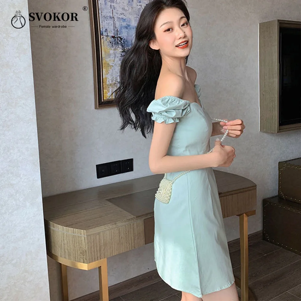 

SVOKRO Vintage Casual Short Mini Dress Summer Women Puff Sleeve A Line Solid Dresses High Waist Square Collar Sexy Ladies 2021