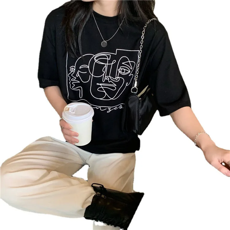 

2021 summer new women's wear Korean loose and versatile round neck line printed short sleeve T-shirt