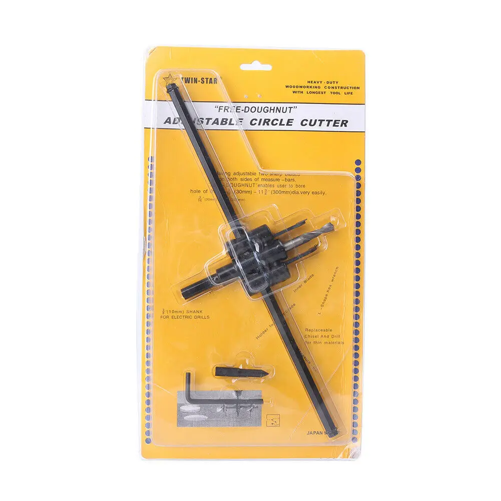 

30-300mm Adjustable Metal Wood Circle Cutter Kit Hole Saw Drill Bit DIY Tool With 2 Changable Centre Bits