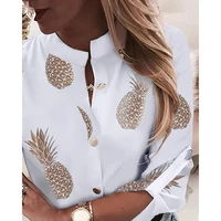 ladies fashion office wear shirt tops autumn elegant sexy retro pineapple print long sleeve v neck casual shirt delicate women
