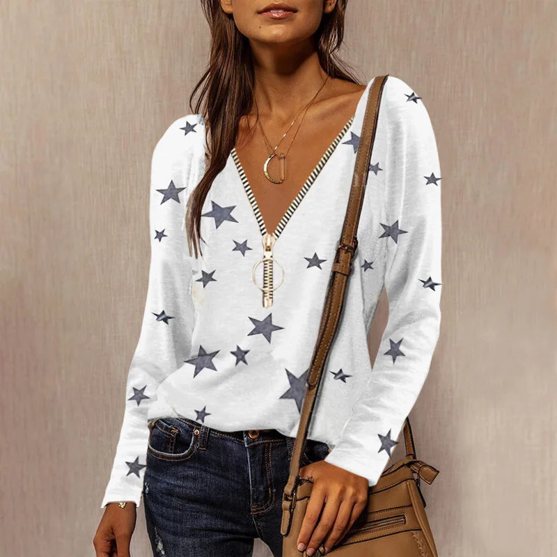

New 2022 Spring Women Five-Pointed Star Print T Shirt Long Sleeve Tops Fashion Ladies V-Neck Zipper Casual Loose Shirts Femme