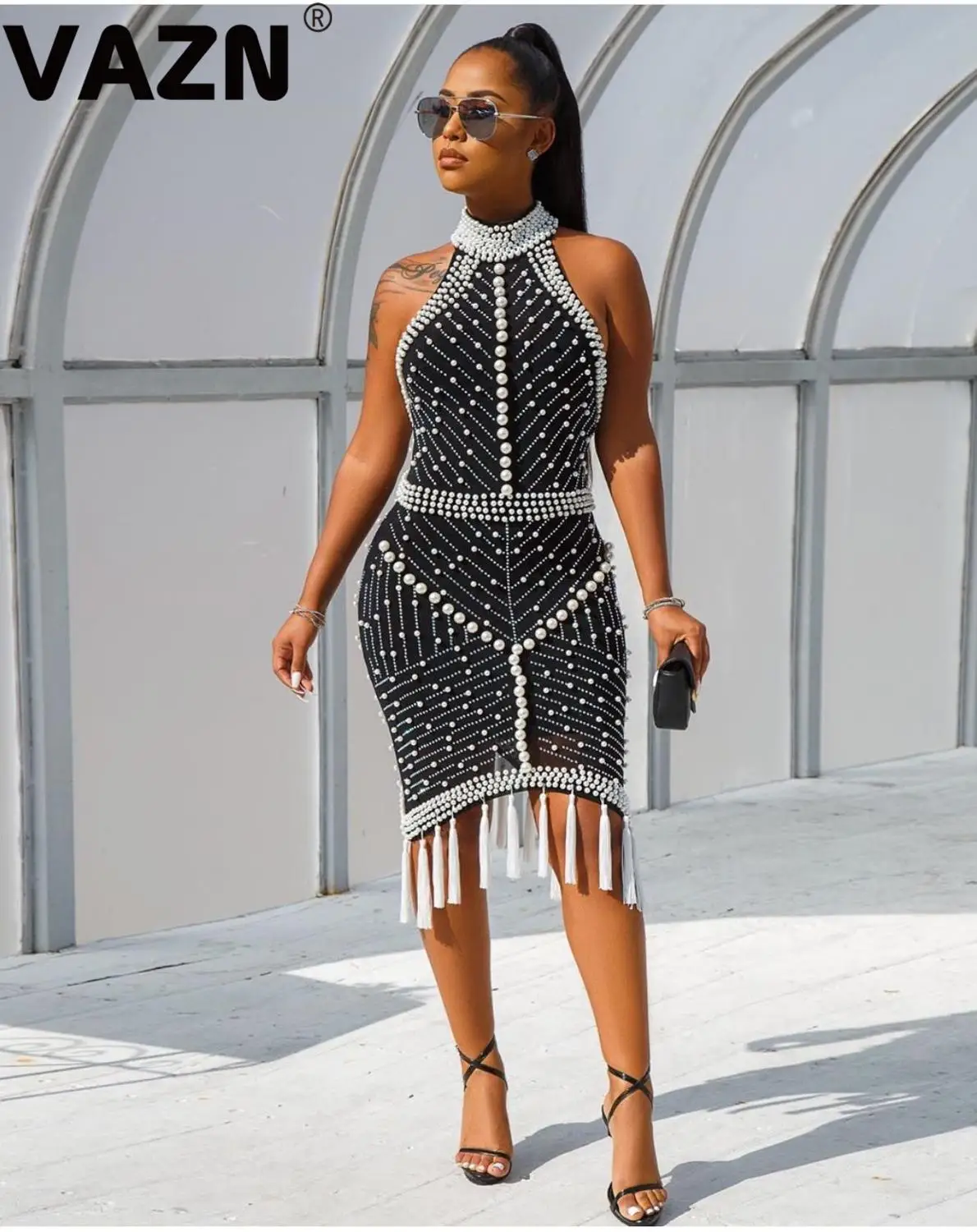 VAZN Top design 2020 summer sexy lady white black sheath dress backless pearl tassel bohemian fashion | Женская одежда