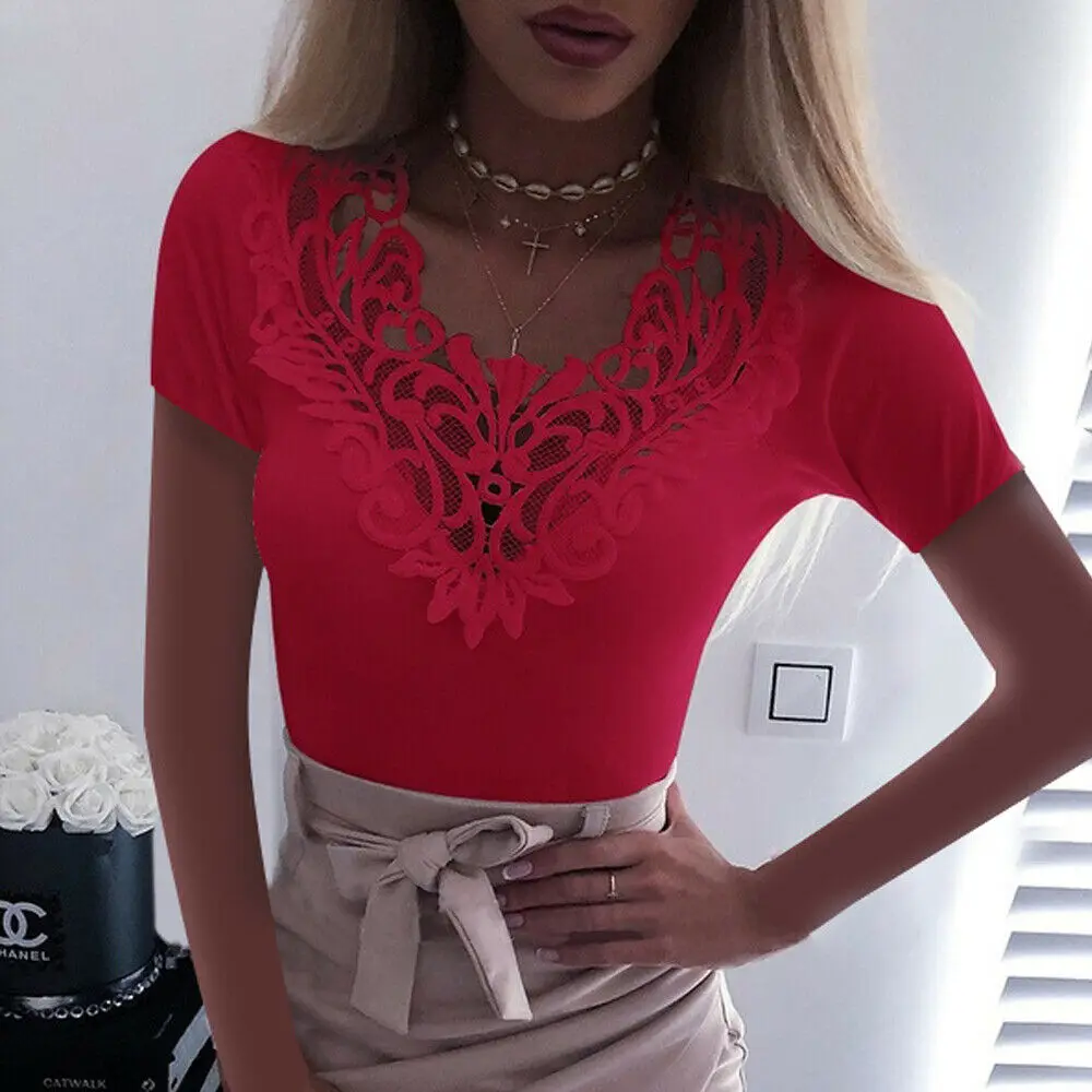Женская Кружевная футболка с коротким рукавом V-образным вырезом | одежда