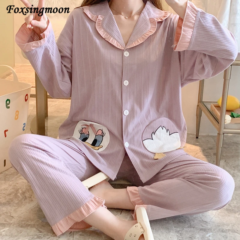 

Пижама, новинка 2021, модные хлопковые брюки с длинным рукавом, женский длинный Пижамный костюм, простой мультяшный женский домашний сервис, пижамный комплект