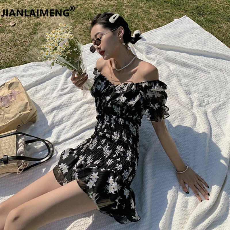 Женское винтажное платье с коротким рукавом белое платье-мини цветочным принтом