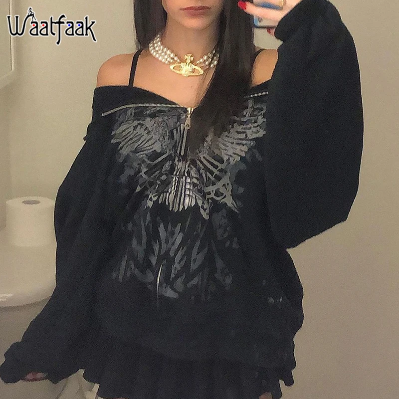 

Waatfaak Oversized Graphic Printed Grunge Goth Zip Up Hoodies Women Black Dark Academia Fairycore Long Sleeve Sweat Hippie Top