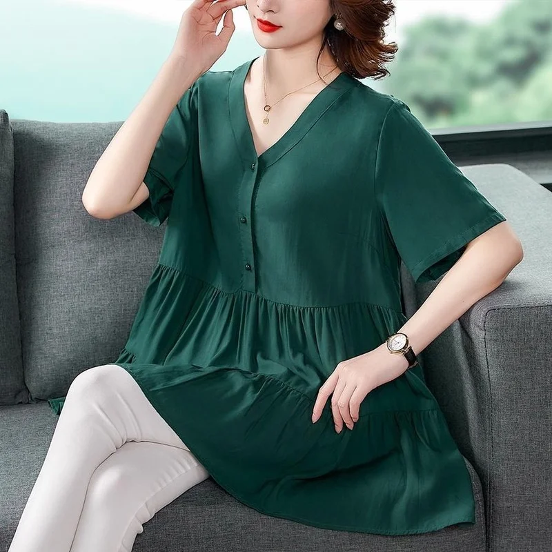 

2023 Summer Fashion Green Black Blouse Women 5XL Ladies Tops Short Sleeve Shirt Blusas Femininas Clothing X157