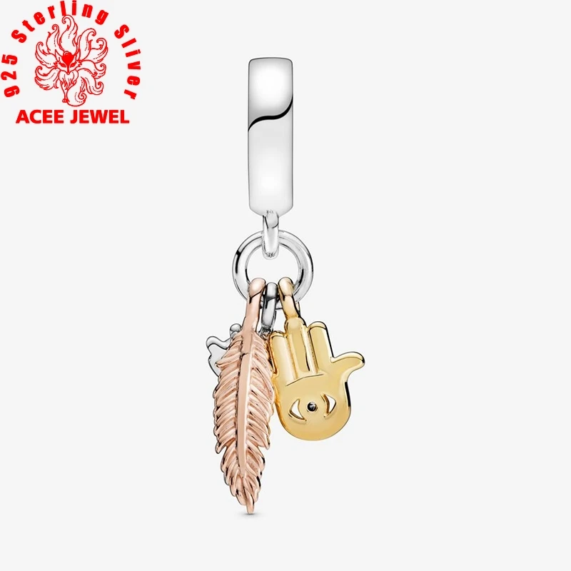 

2020 Spring New 925 Sterling Silver Beads Hamsa All-seeing Eye Feather Charms fit Original pandora Bracelets Women DIY Jewelry