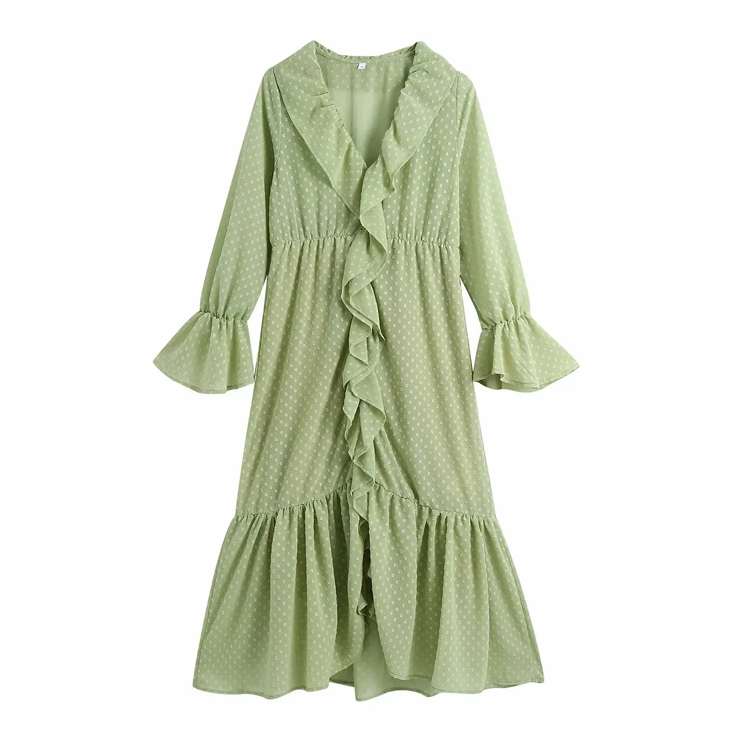 

2021 Women New Spring Summer Oversized V Neck Green Long Dresses Ladies Elegant Super Fairy Ruffle Chiffon Dress Female