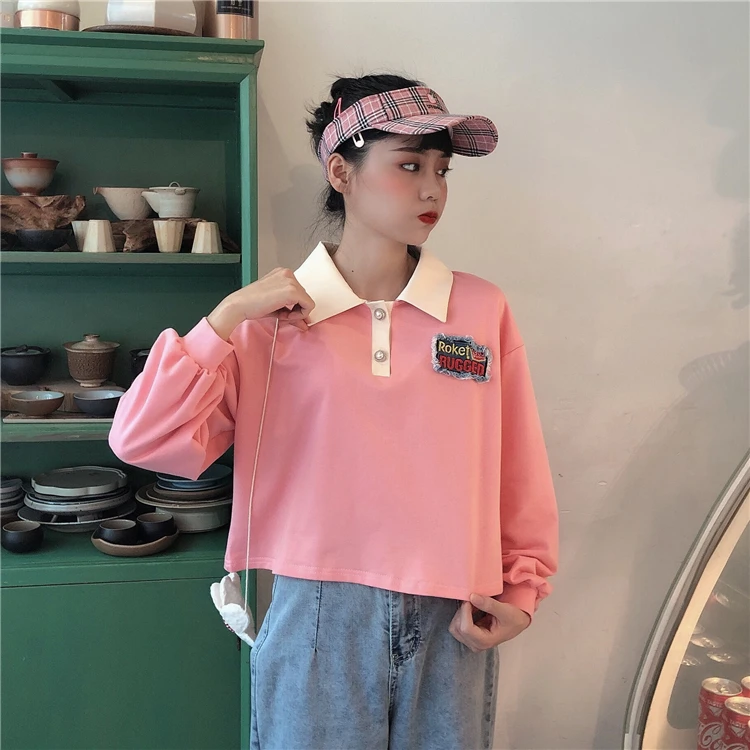 

casual full letter turn-down collar Spring and autumn Korean style ladies tops Women's Clothing fashion high quality Sweatshirts