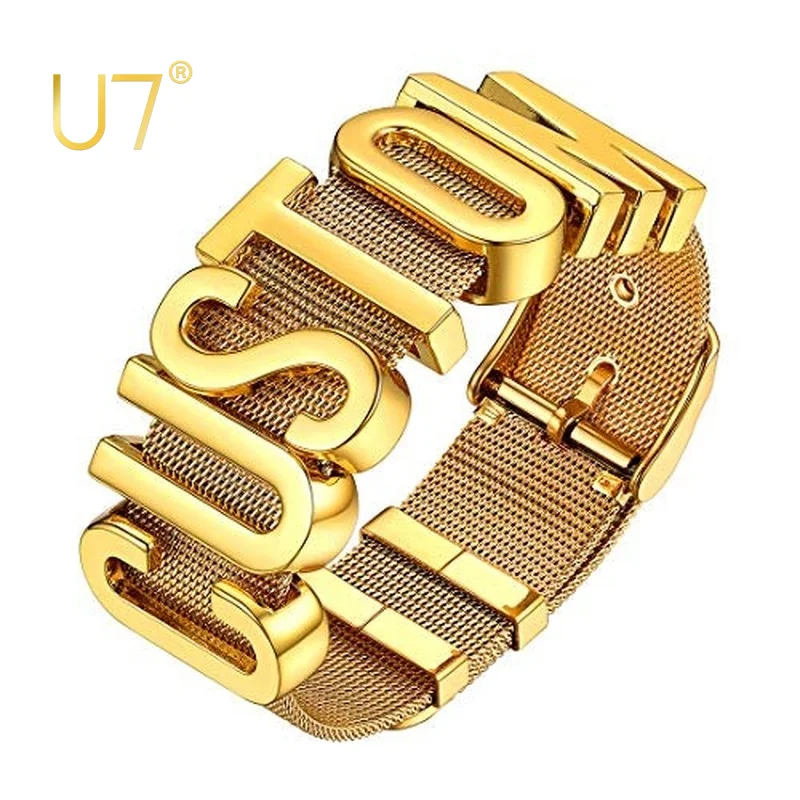 

U7 Men Wristband Personalized Punk Jewelry Gold Plated Wide Nylon Band Bracelet DIY Custom 1-7 Initial Letter Charm