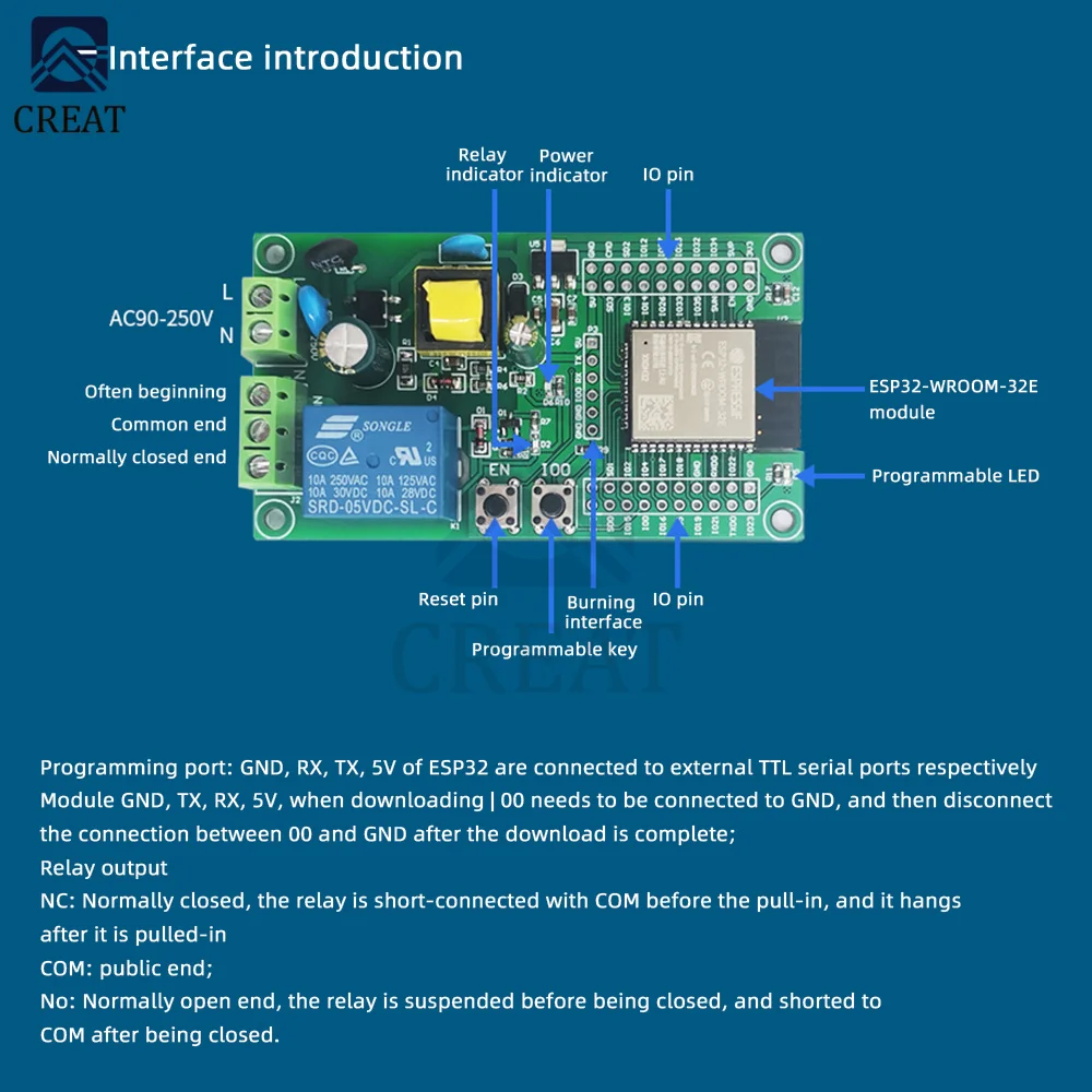 ESP32 Single Relay Development Board relay module WiFi for Bluetooth AC90-250V ESP32-WROOM-32E | Integrated Circuits