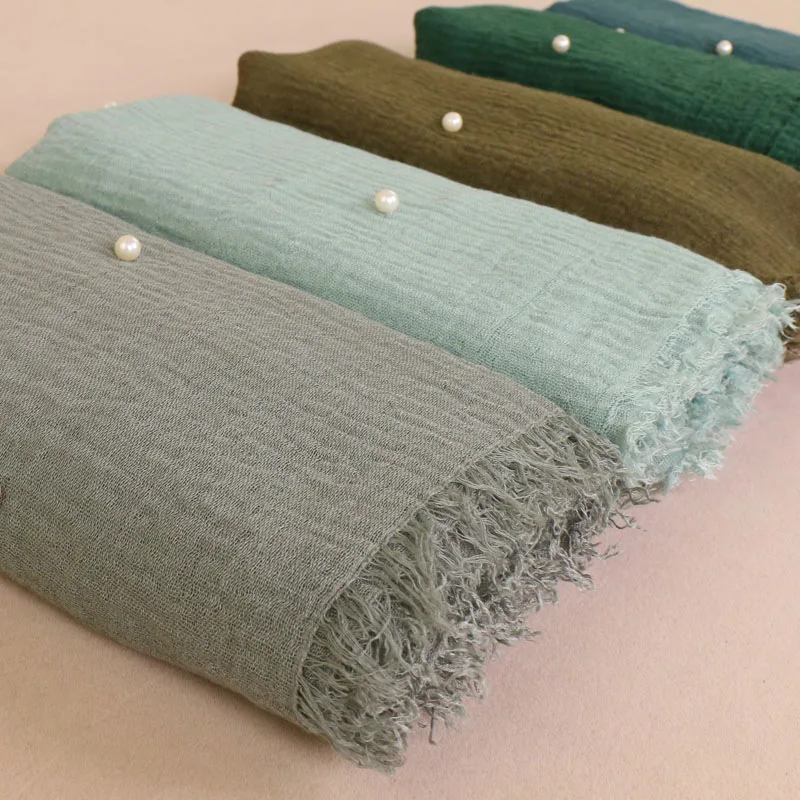 

Hot Sale Cotton and Linen Crumpled Monochromatic Women's Scarf Pure Color High Quality Fringed Cotton Yarn Pearl Accessories