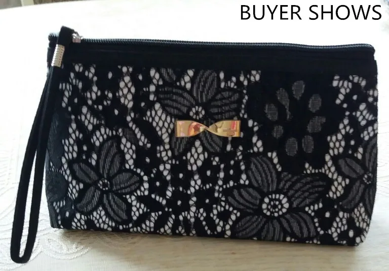 Miyahouse Soft Black Lace Design Cosmetic Bag Fashion Bow Lady Zipper Cosmetic Bag Small Pouch Cosmetic Wash Bag Lady