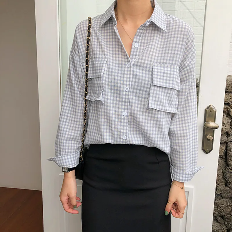 

2021 Summer Women Plaid Shirt Office Lady Blouse Turn-down Collar Casual Female Loose Full Sleeve All-match Elegant Student Tops