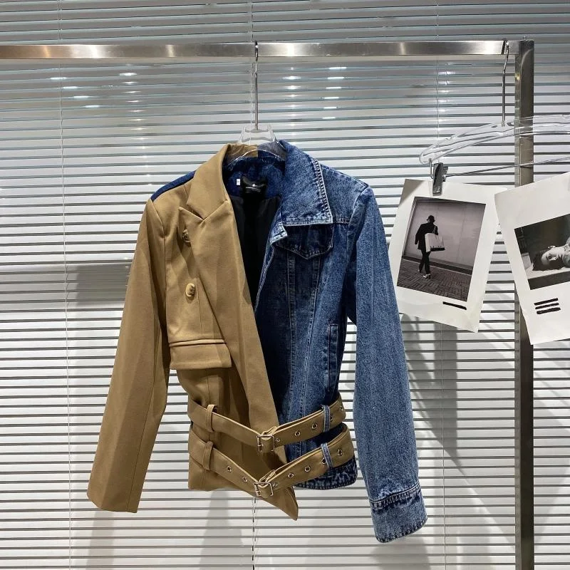 

Denim Splicing Women Jacket 2021 Autumn New Double Belt Design Short Coat With Shoulder Pad Women's Top