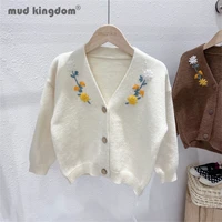 mudkingdom girls cardigan sweater fashion hook flower embroidery long sleeve outerwear v neck tops kids spring autumn clothes