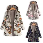 Женское флисовое пальто с капюшоном, Свободное пальто с длинным рукавом и цветочным принтом, с флисовой подкладкой и карманами, Осень-зима