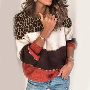 Women Autumn Winter Long Sleeve Leopard Patchwork Knitted Sweater Warm Leopard Patchwork Warm Keeping All Match sweater women