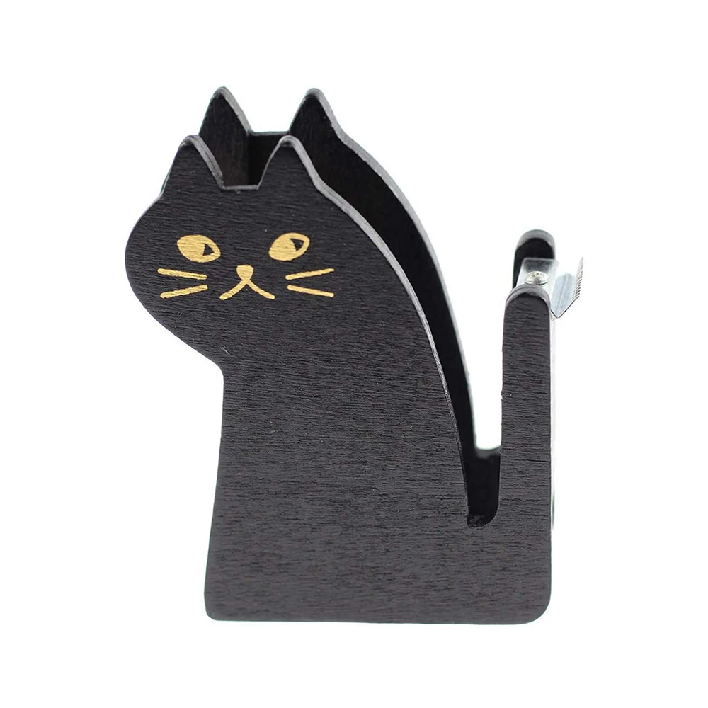 Черный Горячая Деревянный милый скотч диспенсер резак Kawaii Cat офисные аксессуары мини Васи режущий держатель - Цвет: Черный