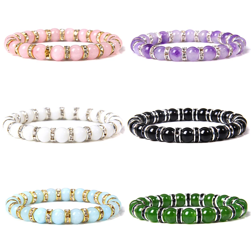 

Rose Pink Quartzs Beads Bracelet 8MM Bead Jades Natural Stone CZ Spacer Bracelets For Women Men Stretch Bangles Fashion Jewelry