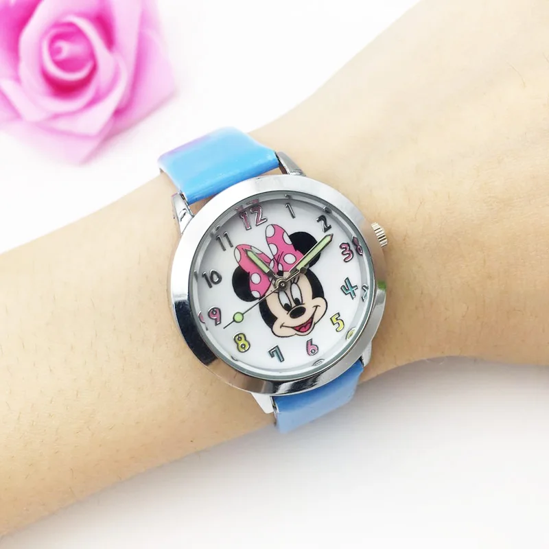 Модные милые детские часы с Минни Маус для мальчиков синие кожаным ремешком