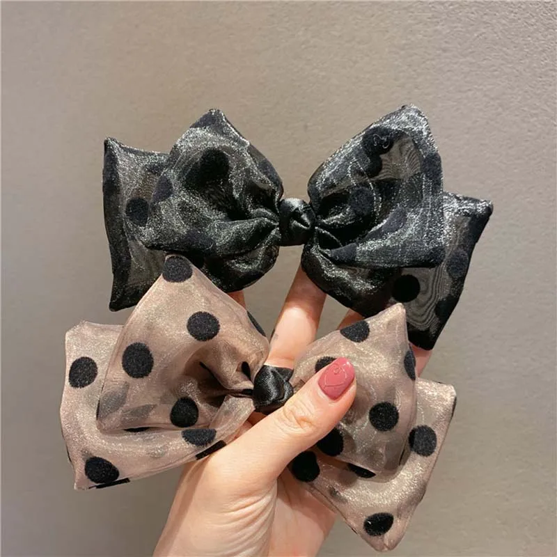 

Sweet Women Chiffon Mesh Bowknot Hairpin Hair Rope Wave Dot Print Lace Girls Women Double layer BowKnot Headwear Hairband