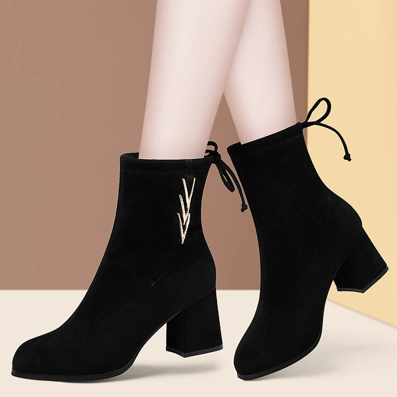 

Зимние ботинки, ботинки средней высоты на толстом каблуке, Осень-зима 2021, женские ботильоны, Современная хлопковая обувь, замшевая ткань, со...